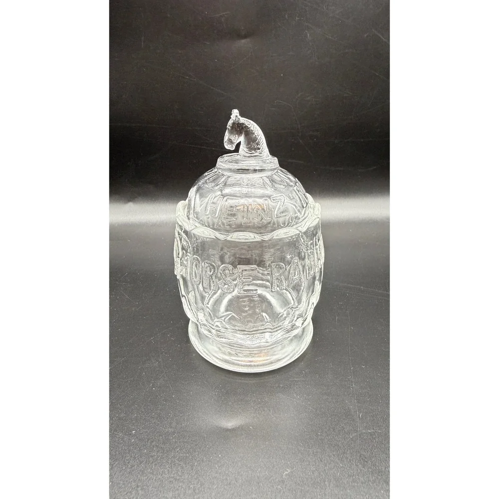 Vintage Heinz Noble & Co Horse Radish Clear Glass Jar with Horse Head Lid